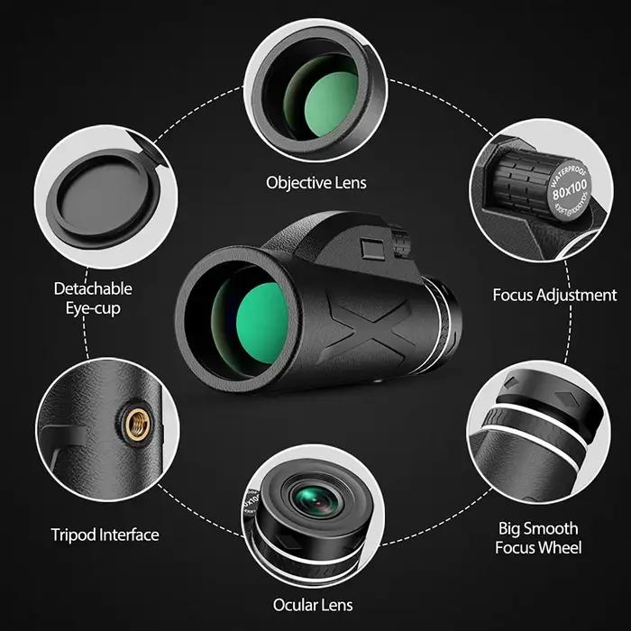 Jumelles 80x100 puissantes longue portée étanches Bak4 pour chasse - Télescope professionnel portable 50000m