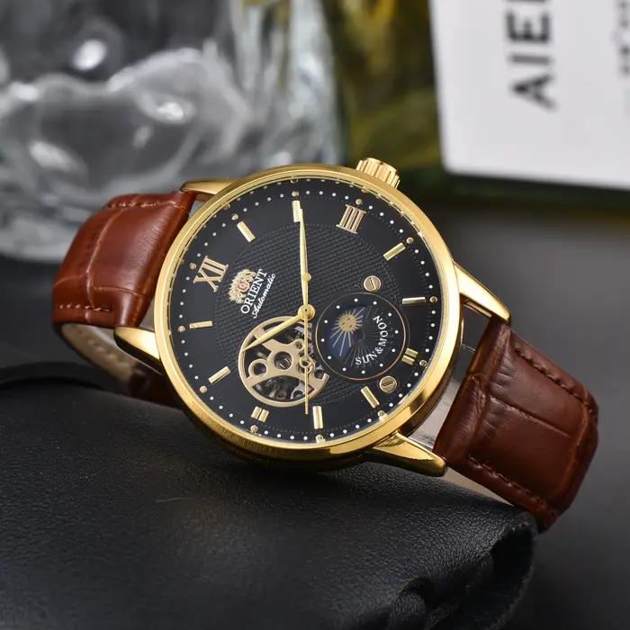 Montre automatique ORIENT homme phase lune squelette cadran or boîtier bracelet cuir noir mécanique