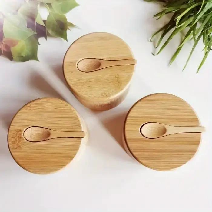 Pots d'assaisonnement au sel, pot à poivre, boîte à condiments en bambou, bol de rangement, ensemble de pots, support de récipient à sucre en bois, fonction de couvercle, bols multiples