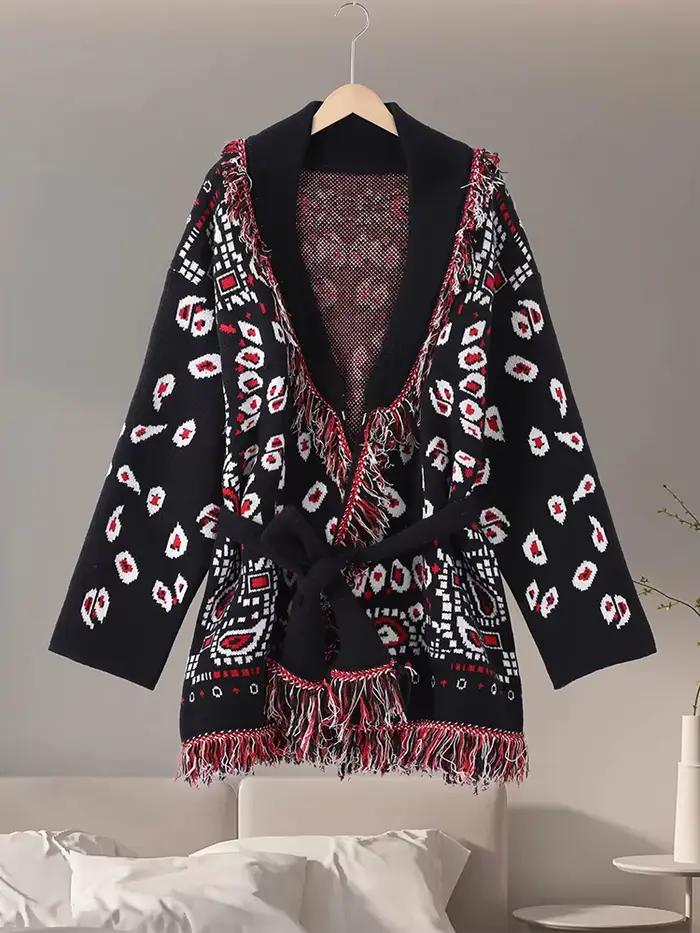Cardigans tricotés en Jacquard pour femmes, ample, Patchwork, col en v, manches longues, épais et ch