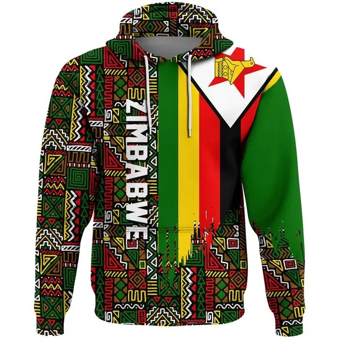Zimbabwe Feel Map Graphic PVD National Emblem Hoodie for Men, Africa Boy Clothes, Casual Male Survêt