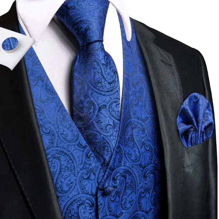 Ensemble Gilet et Cravate pour Homme Bleu Marine Royal, Veste sans Manches, Cravate, Pochette, Bouto