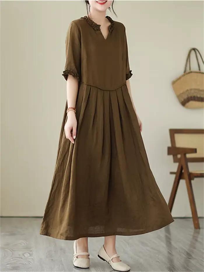 Robes en coton vintage de couleur unie pour femmes, nouvelle collection été 2026, robe longue décont