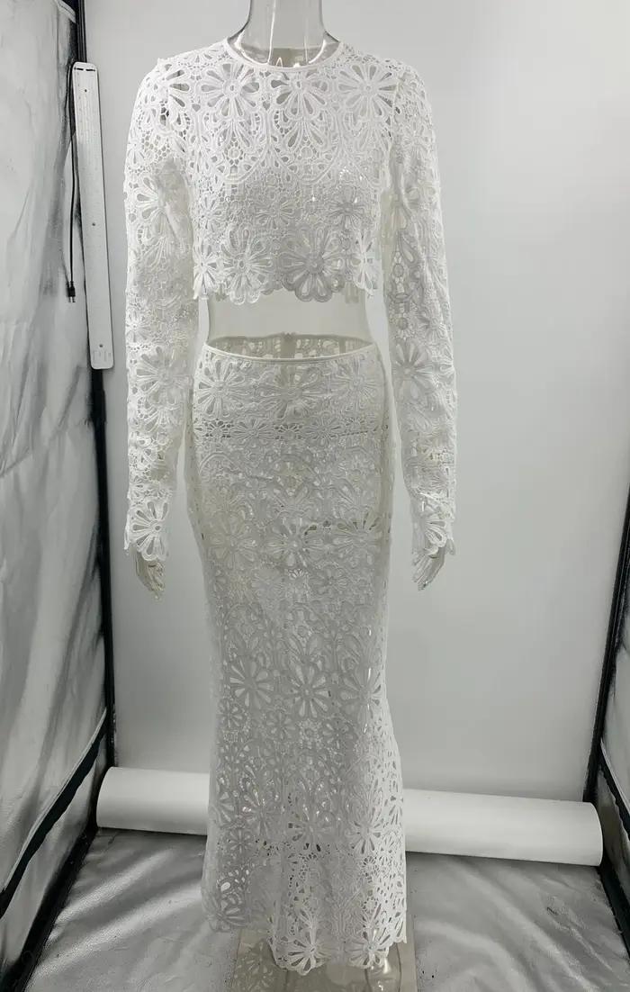 Blanc élégant broderie évider robes de plage ensemble Sexy voir si haut court jupes longues femmes e