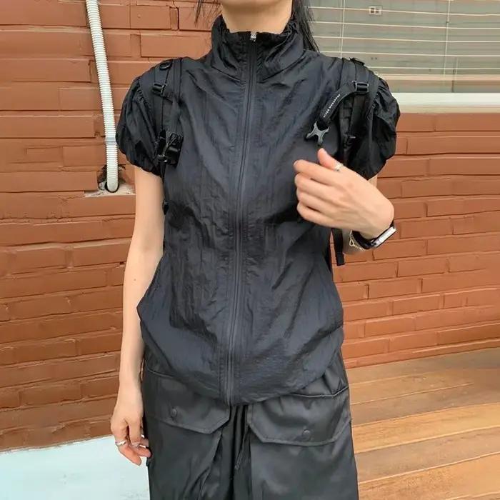 Karr233-T-shirt Cargo Japonais Y2k, Veste Fine à Manches Courtes avec Fermeture Éclair, Protection S