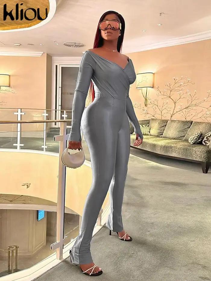 Kliou-Ensemble deux pièces décontracté en polyester brillant pour femme, longueur rinçage, t-shirts