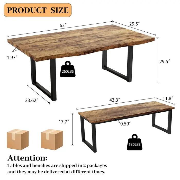 Table à manger en MDF épaissi de 63 pouces avec 2 bancs, ensemble de cuisine moderne pour 4 à 6 pers