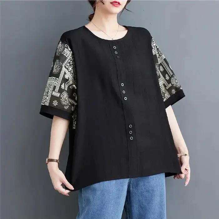 Grande taille vêtements pour femmes ample demi manches coton lin T-shirt pour les femmes été nouveau Style ethnique ventre couvrant pull haut