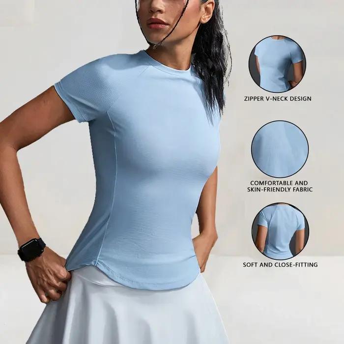 T-shirt bleu à manches courtes pour femme, coupe ajustée, col rond, tricoté, style streetwear sportif