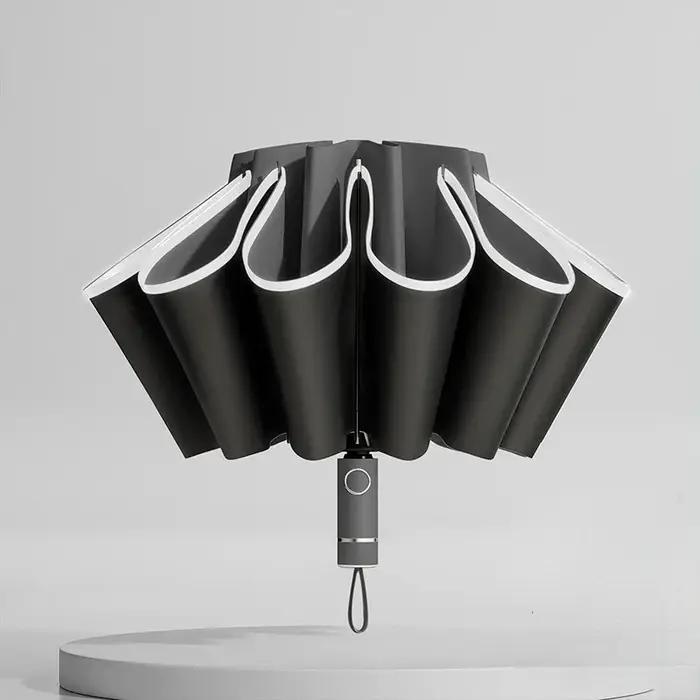 Parapluie pliant inversé entièrement automatique pour hommes et femmes, avec bande réfléchissante co