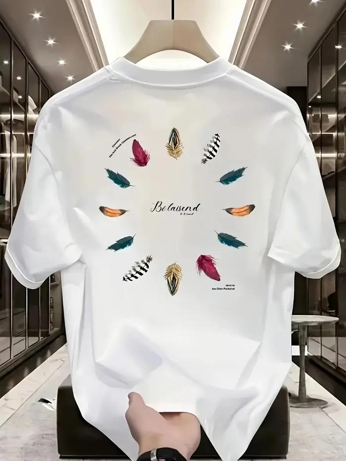 T-shirt pour homme style bohème avec imprimé _feather Wheel_, 100% coton pur, respirant, tendance, s