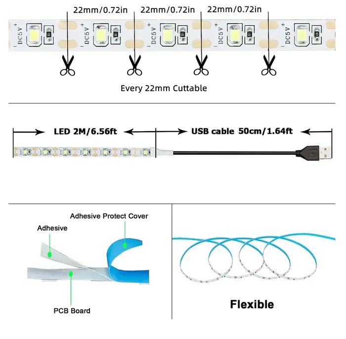 Bande lumineuse LED USB 2835, 5V DC, 1- 5m, lumière blanche chaude, éclairage de fond de télévision,
