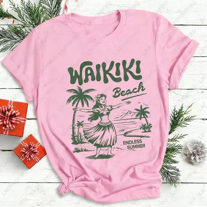 Waikiki chemise de plage Hawaii graphique T-Shirt Hula Girl Vintage île T-Shirt sans fin été vacances tropicales T-Shirt coton t-shirts