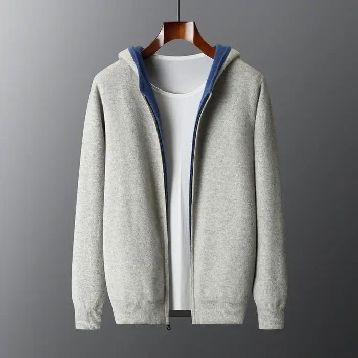 Épais à capuche hommes fermetures éclair Pure laine pull Cardigan automne hiver 100% laine tricots D