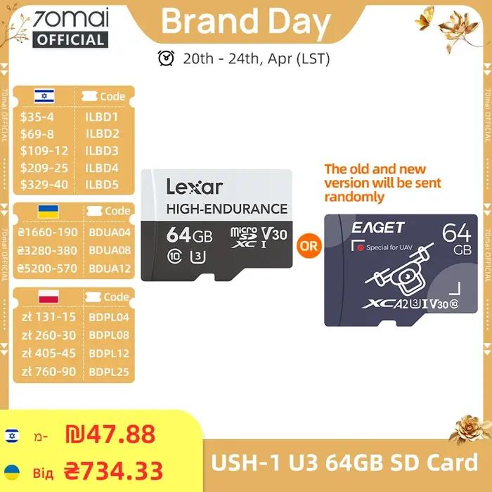 Carte Micro SD haute précision 32 go 64 go 128 go TF USH-3 pour caméra de tableau de bord 70mai 4K A