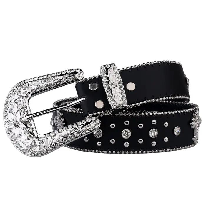 Ceinture à rivets croisés noirs, boucle gravée, décor en strass, ceinture en PU, Hip Hop, pantalon e