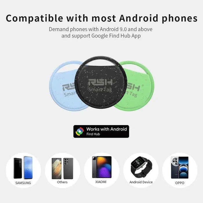 Smart Tag RSH pour Android - Étiquette intelligente en matériau écologique - Système de suivi anti-perte pour clés, animaux de compagnie et effets personnels - Compatible avec Google Find Hub