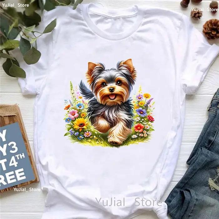 T-shirt imprimé animal Yorkshire Terrier pour femmes, T-shirt femme, vêtements Kawaii, Harajuku, fleurs, drôle, mode estivale