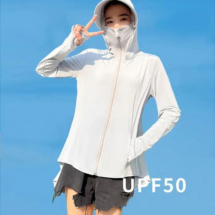 Veste asymétrique en polyester avec protection solaire intégrée à capuche et fermeture éclair pour femmes printemps été casual chic