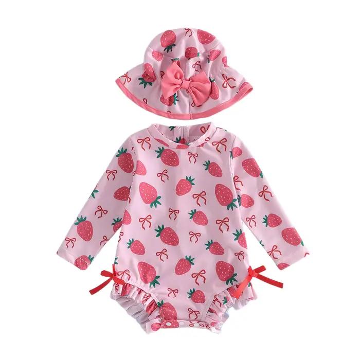 Vêtements de bain pour bébé fille, maillot de bain à manches longues avec imprimé fruits, maillot de bain pour nourrissons avec chapeau de soleil
