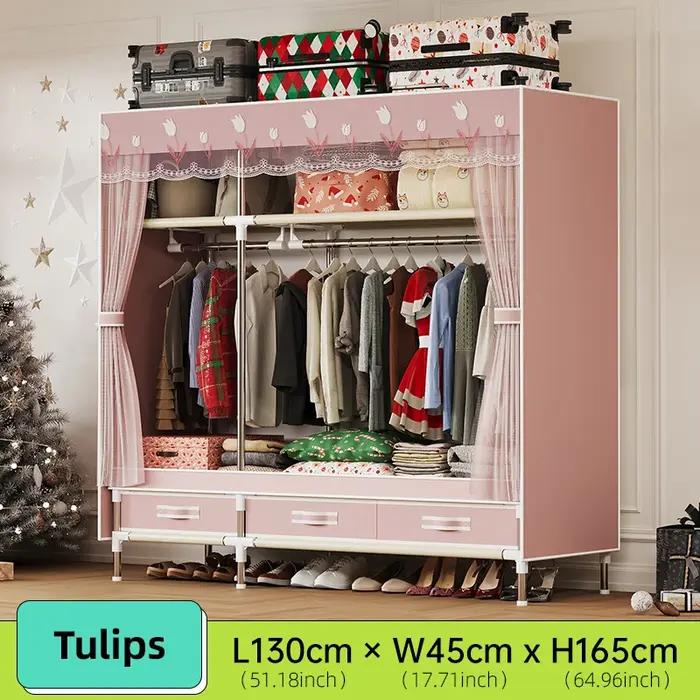 Armoire de chambre à coucher moderne avec couverture en maille et tiroirs pour rangement de vêtements, ambiance festive, facile à assembler, style minimaliste