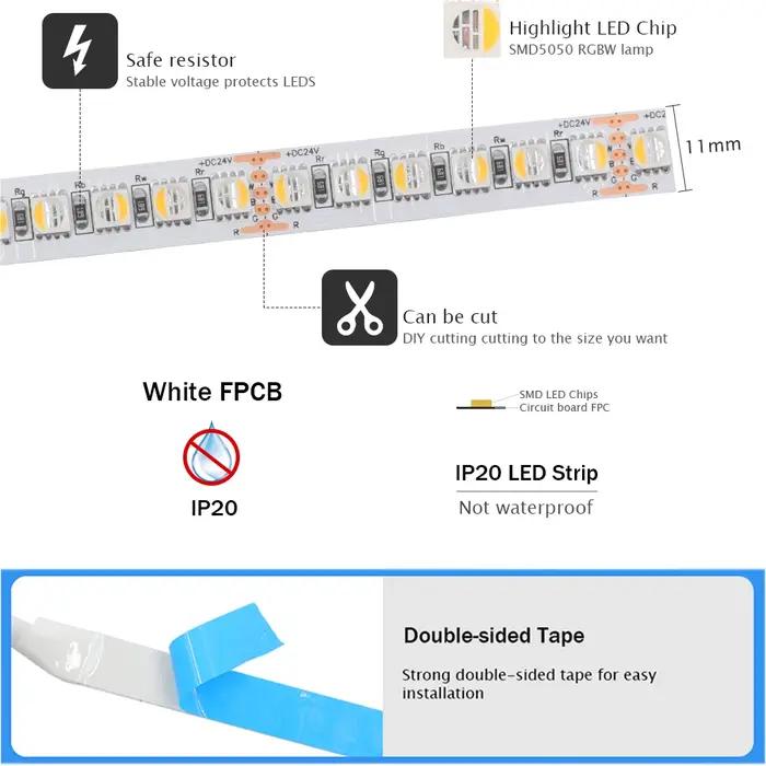 Bande LED RGBW RGBWW DC 12V 24V, 4 couleurs en 1, puce SMD 5050 60 108 120 LED/M, ruban Flexible, co