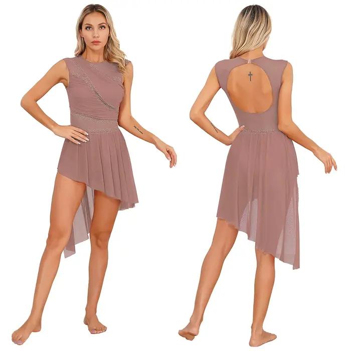 Femmes brillant strass robe de patinage artistique justaucorps de gymnastique Costume maille transparente Ballet Tutu