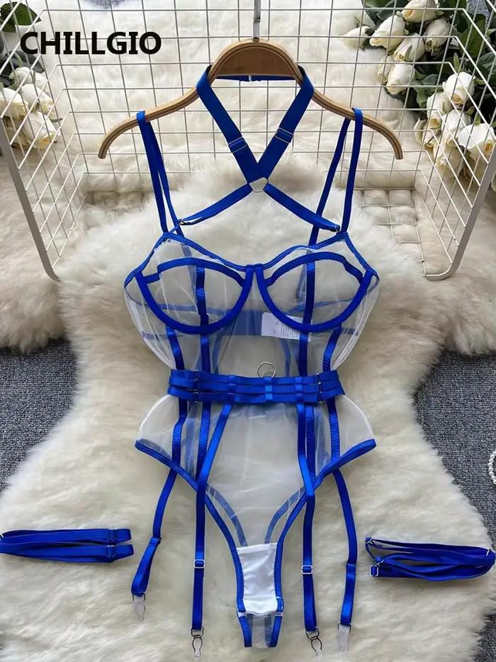 CHILLGIO femmes maille Sexy à bretelles barboteuses mode érotique une pièce Catsuit Lingerie moulante Transparent combin