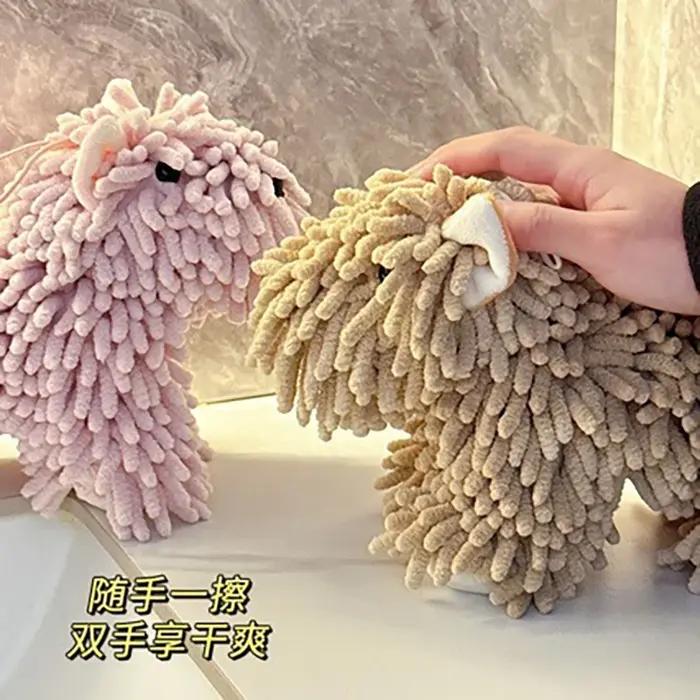 Serviette à main en chenille en forme de chien de dessin animé mignon, serviette absorbante suspendue pour la cuisine et la salle de bain