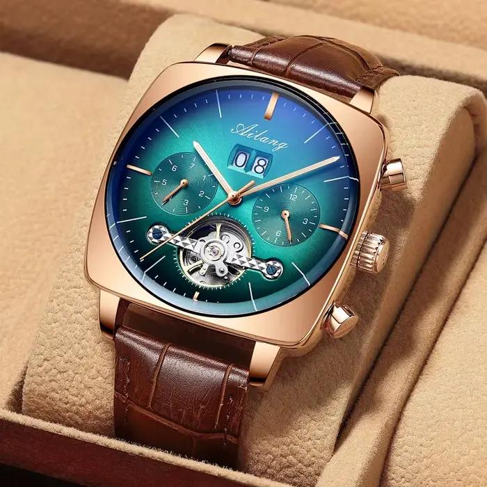 Montre-bracelet carrée suisse, montre-bracelet mécanique multifonction pour homme avec tourbillon, étanche, montre automatique pour homme