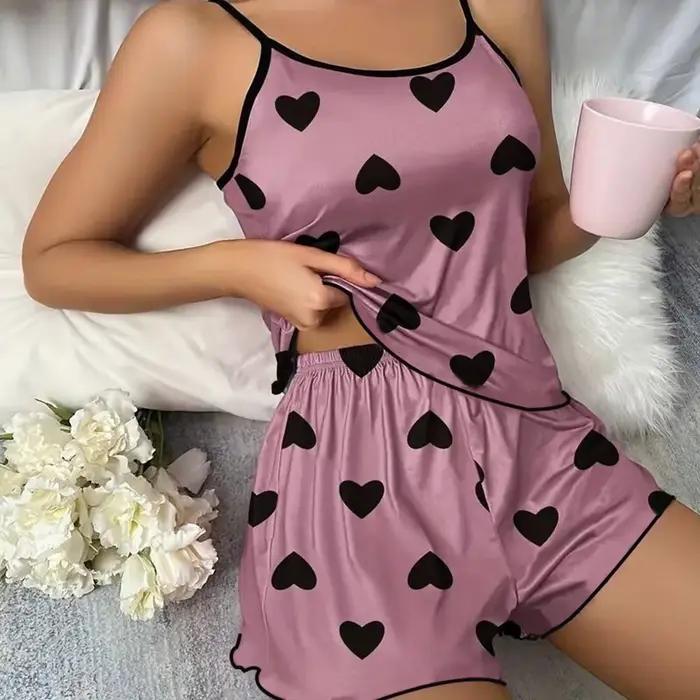Ensemble pyjama pour femmes, T-Shirts et shorts, T-Shirt rose imprimé en forme de cœur, col rond, haut en soie glacée, confortable et décontracté, été 