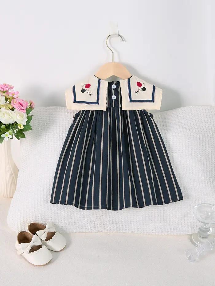 Robe d'été décontractée pour filles, jupe rayée à grand revers, sans manches, brodée