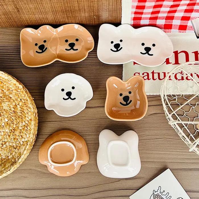 Plateaux de rangement en céramique avec motif de chien et d'ours mignon pour condiments, collations, sushi, soja - Occasions spéciales et quotidienne