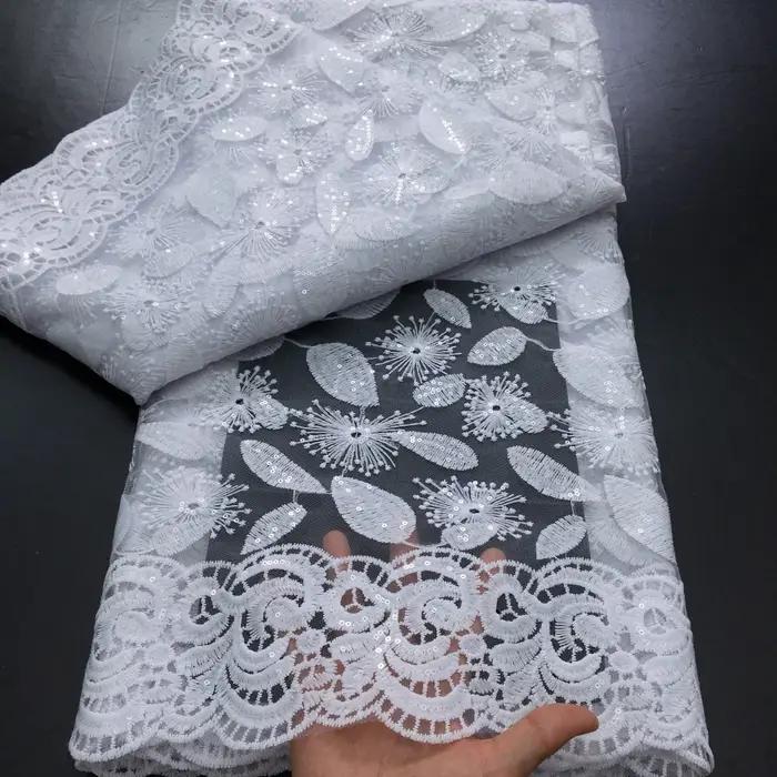 Tissu africain en dentelle Tulle et maille française blanche, 5 Yards, haute qualité, pour robe de m