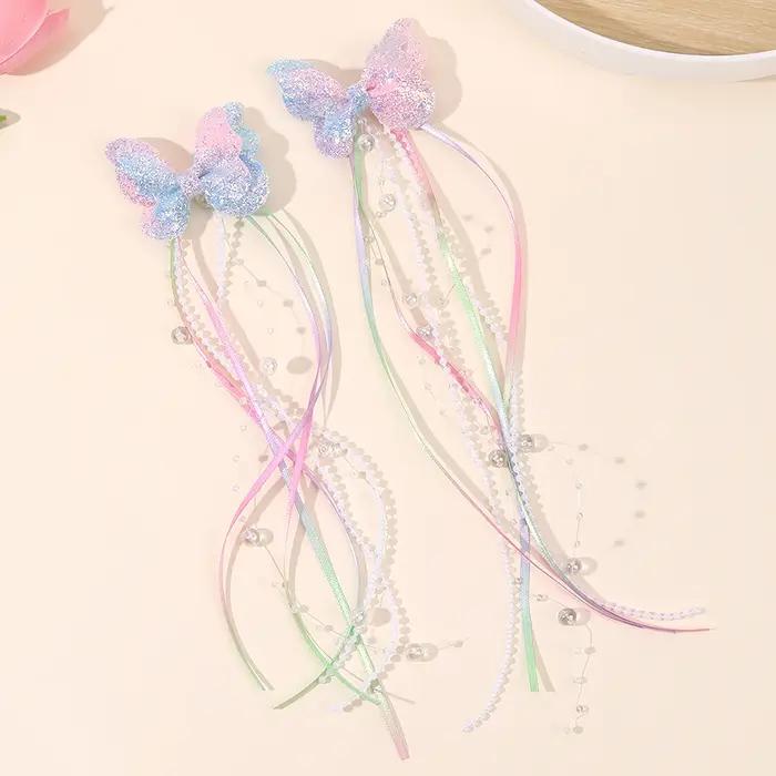 Pinces à cheveux avec nœud papillon à paillettes, 2 pièces, papillon arc-en-ciel avec de longues per