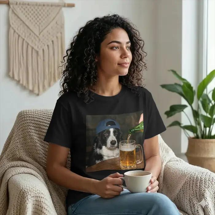 T-shirt homme motif Border Collie buvant de la bière design vintage humour coton drap fin manches courtes col rond impression numérique couleur multiple taille variée occasions quotidiennes