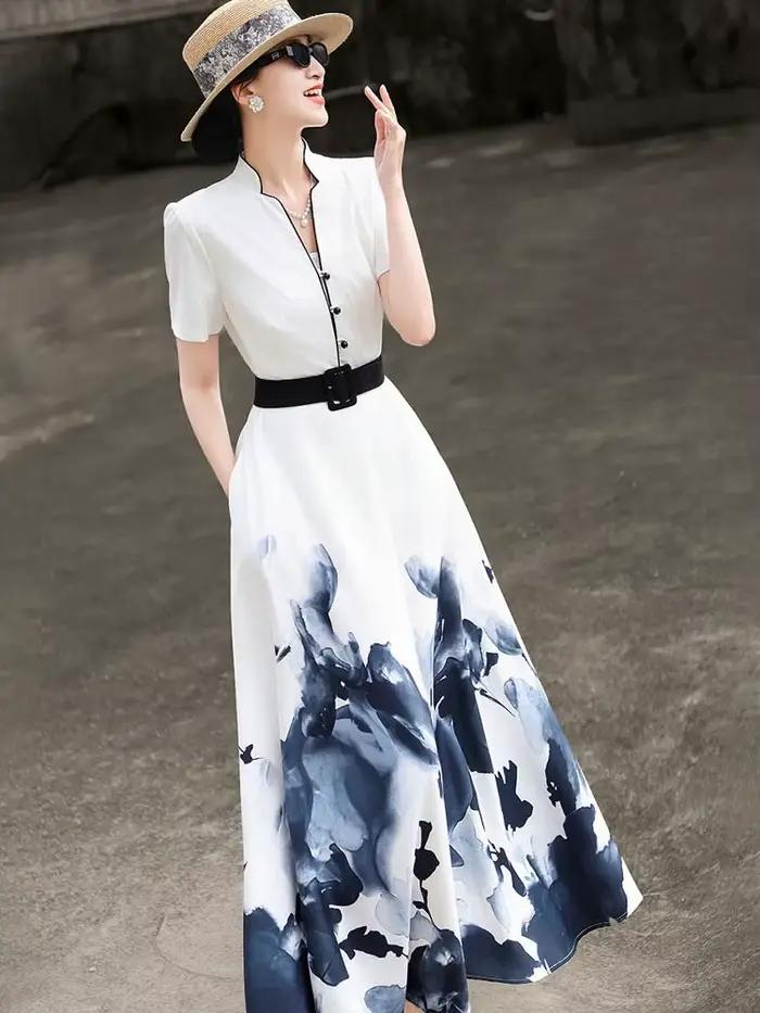 MEXCOCO 2026 Nouvelle collection été – Robe évasée élégante à manches courtes imprimé peinture à l'e