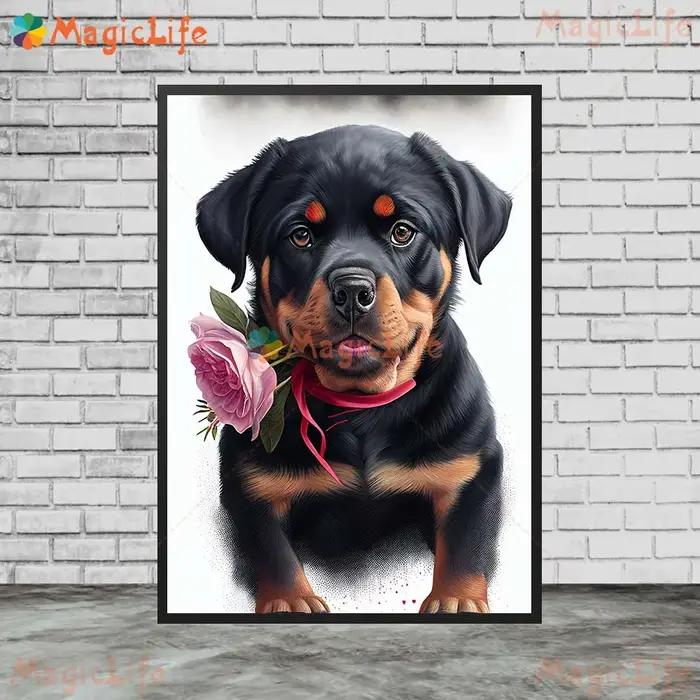Chien avec fleurs de roses