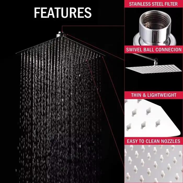 Pommeau de douche cascade haute pression inox argenté doré noir 8 10 12 pouces débit puissant