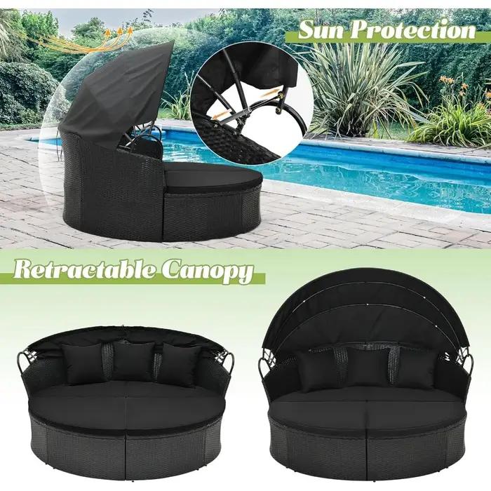 Lit de repos rond pour patio extérieur avec auvent rétractable, sièges sectionnels pour meubles en o