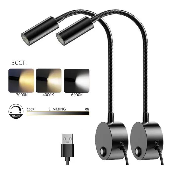 Lampe de Lecture Murale de oral et USB à Intensité Tactile 3CCT, Col de Cygne de 15 Pouces, 3W, 2 Pi