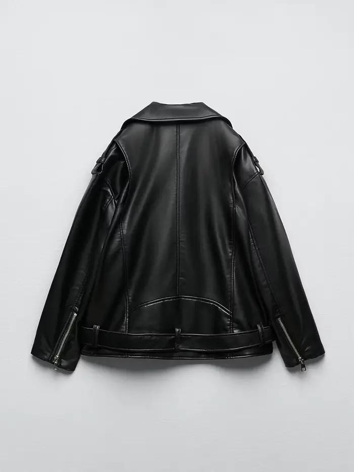 Ailegogo femmes ample moto motard noir Pu Faux cuir veste avec ceinture printemps automne femme mant