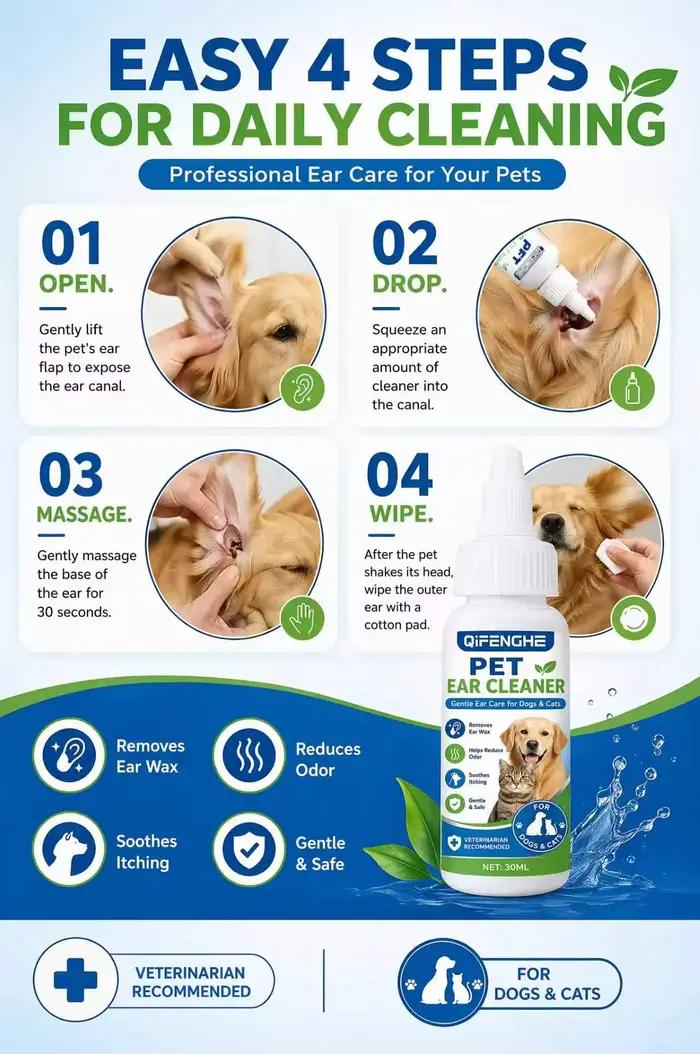 Gouttes nettoyantes pour oreilles d'animaux de compagnie 30 ml pour chiens et chats