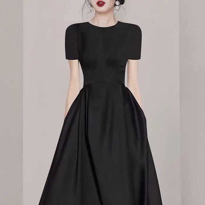 Robe de Rhnoire élégante pour femmes, col rond, manches courtes, taille fine, bureau pour dames, rob