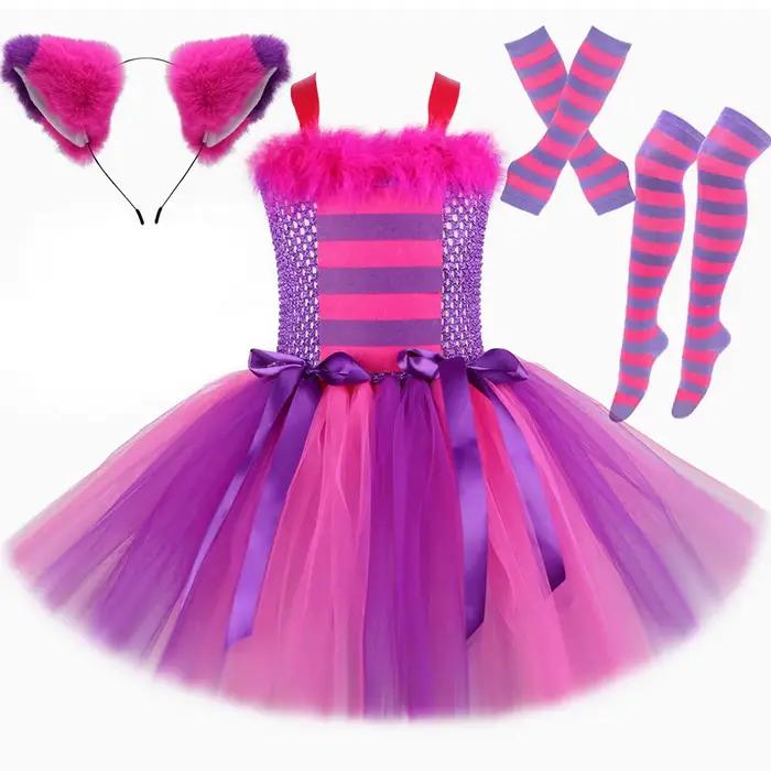 Filles Cheshire chat Costume enfants pays des merveilles dessin animé magique rayé