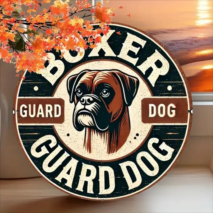 Panneau métallique «Boxer Guard Dog » vintage – décor rustique plat 2D | Avec des Branches de Pin et des Baies