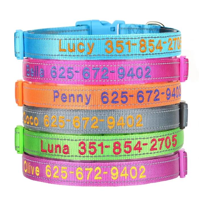 Collier personnalisé en nylon réfléchissant pour chiens et chats, nom et numéro de téléphone, sécurité pour petites et grandes races, collier brodé pour animaux de compagnie