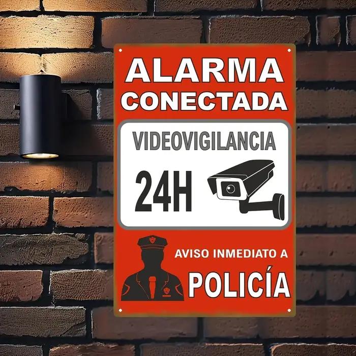 Panneau d'alarme de sécurité espagnol 20x30cm - Surveillance 24h/24 avec vidéosurveillance, fond rouge et icône blanche, en fer métallique W