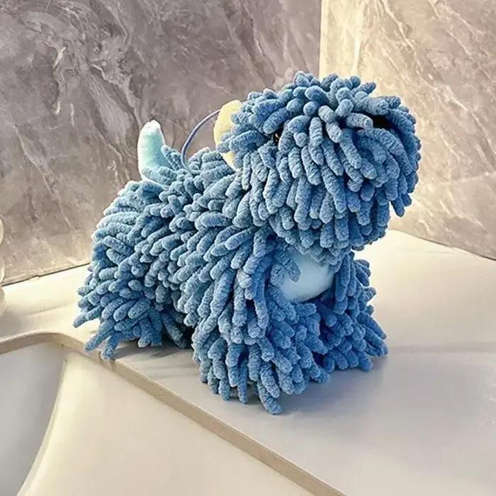 Serviette à main en chenille en forme de chien de dessin animé mignon, serviette absorbante suspendu