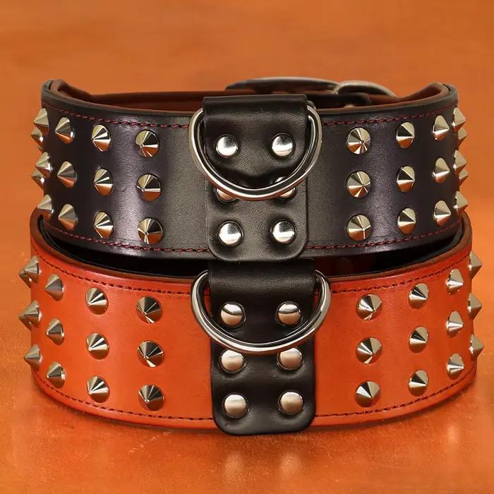 Collier large en cuir véritable clouté à pointes pour grands chiens